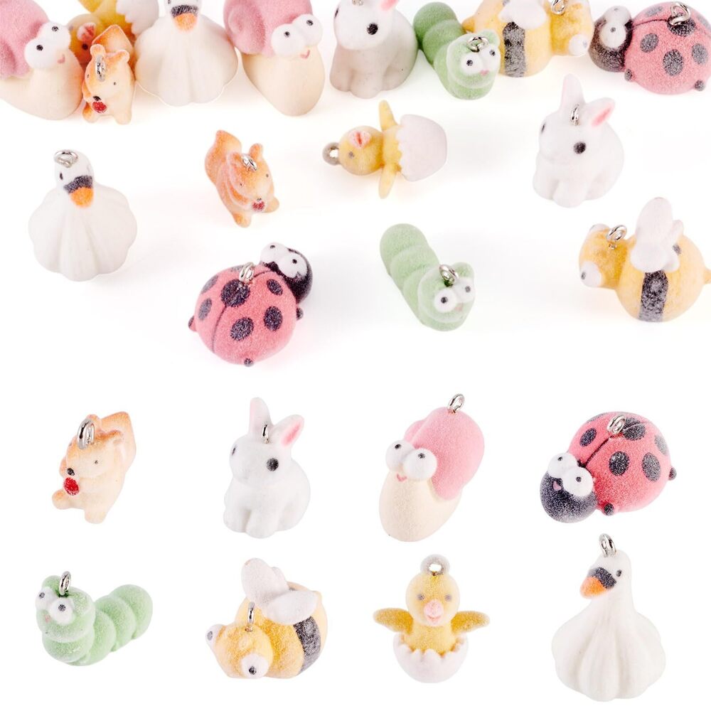 6778 16Pcs Resin Animal Charms 3D Flocky Rabbit Bee Goose Ladybug Squirrel